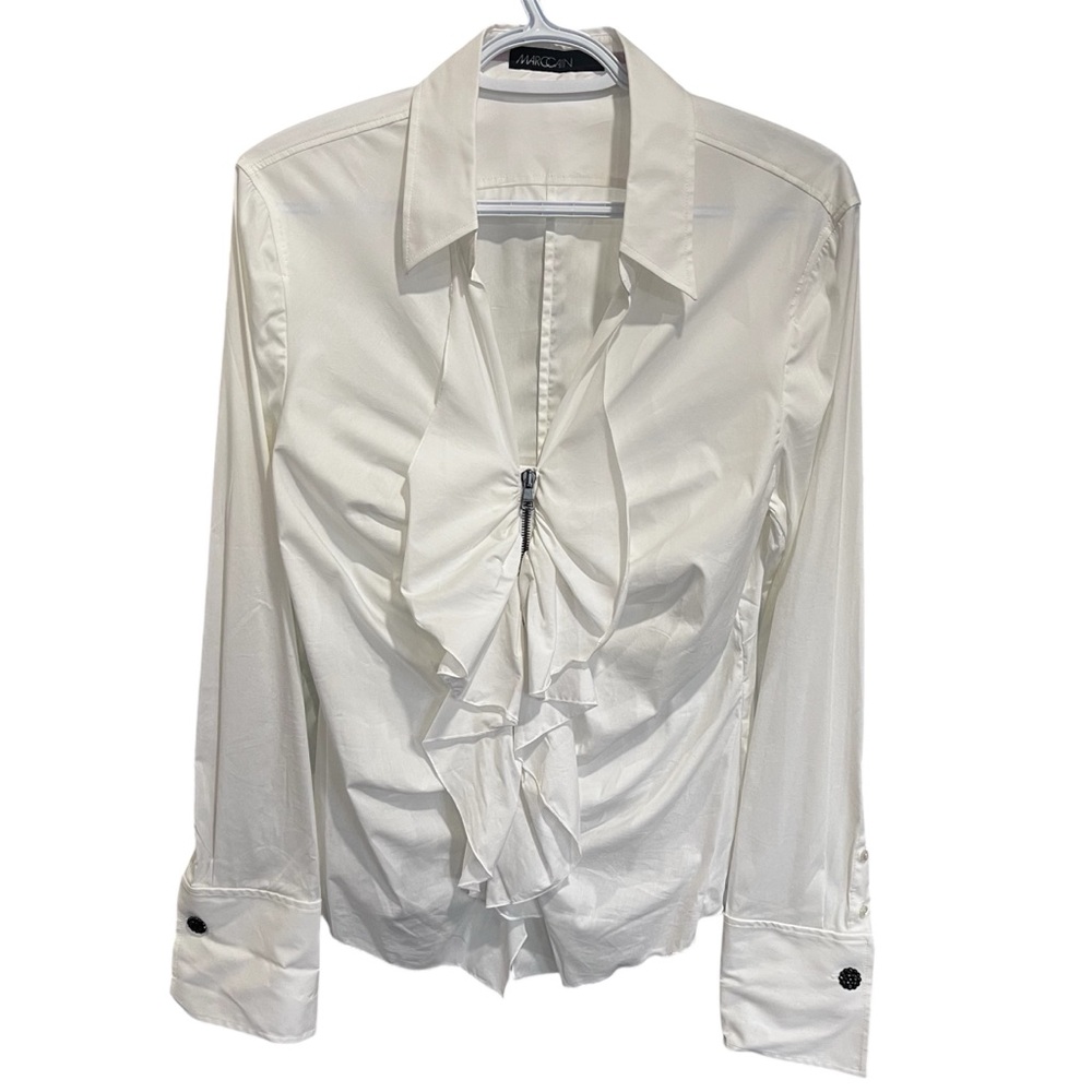 Marc Cain Ruffled White Shirt - Size 6 - Cotton blend stretch fabric